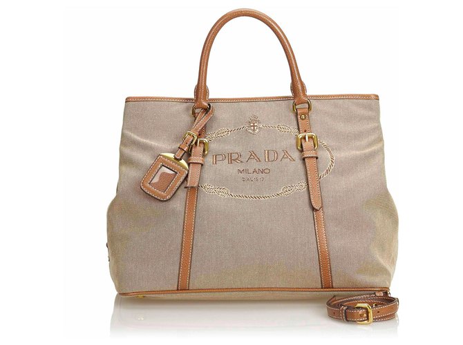 Prada Brown Canapa Jacquard Tote Bag Beige Leather Cloth  ref.117666