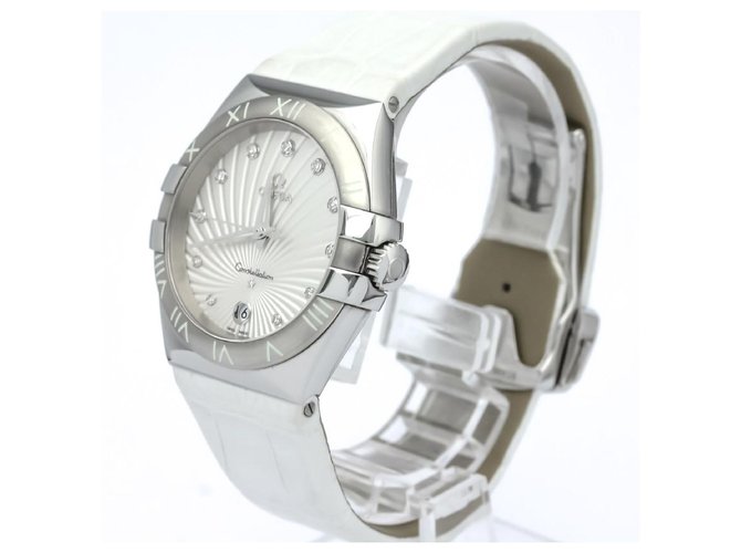 Omega Silver Stainless Steel Constellation Quartz Watch 123.13.35.60.52.001 Silvery White Leather Metal  ref.117680