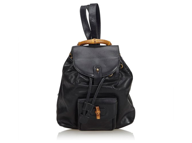 Gucci Black Bamboo Leather Drawstring Backpack  ref.117923
