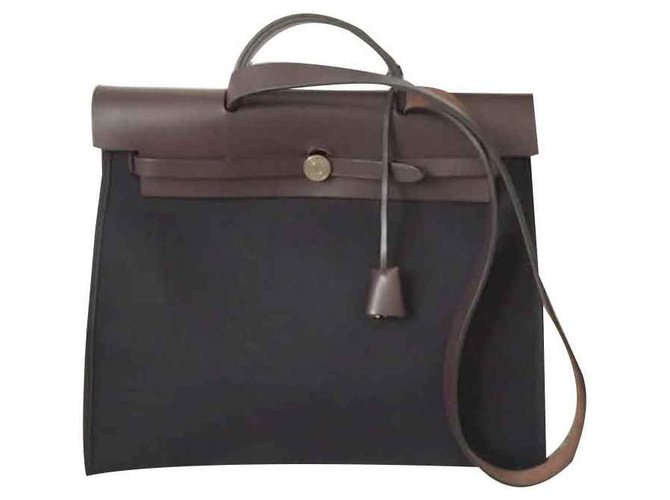 Hermès Herbag Brown Black Leather Cotton  ref.118023