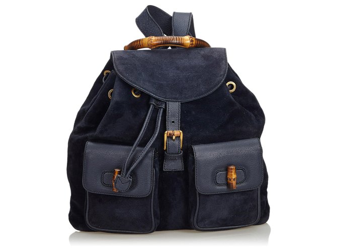 Gucci Blue Bamboo Suede Drawstring Backpack Leather  ref.118199