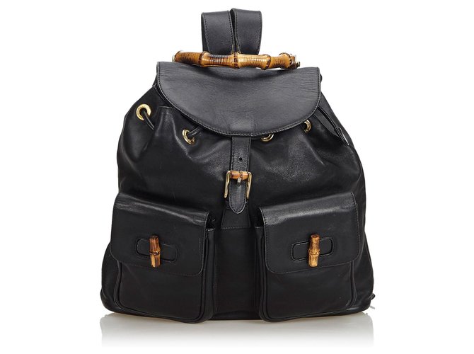 Gucci Black Bamboo Leather Drawstring Backpack  ref.118388