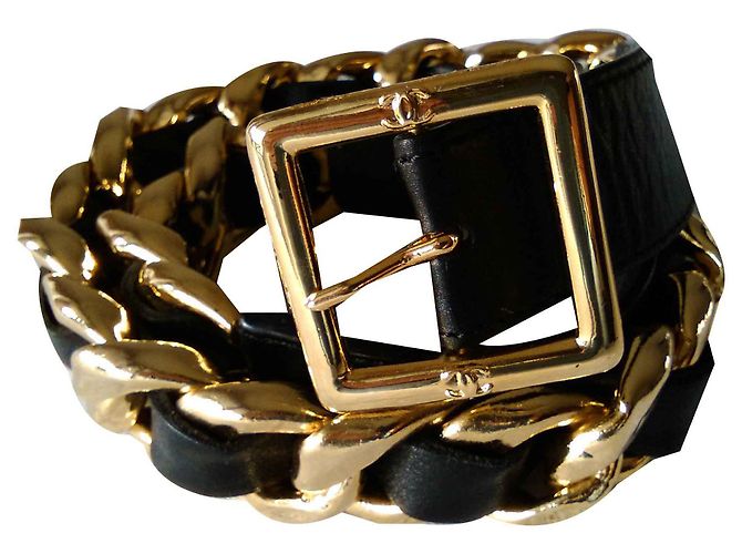 Cintura in pelle con fibbia in oro placcato CHANEL Nero D'oro