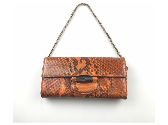 Gucci Orange Python Bamboo Clutch Leather  ref.118817