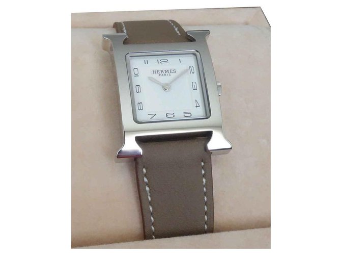 Hermès Hour H Uhr Grau Leder Stahl  ref.119110