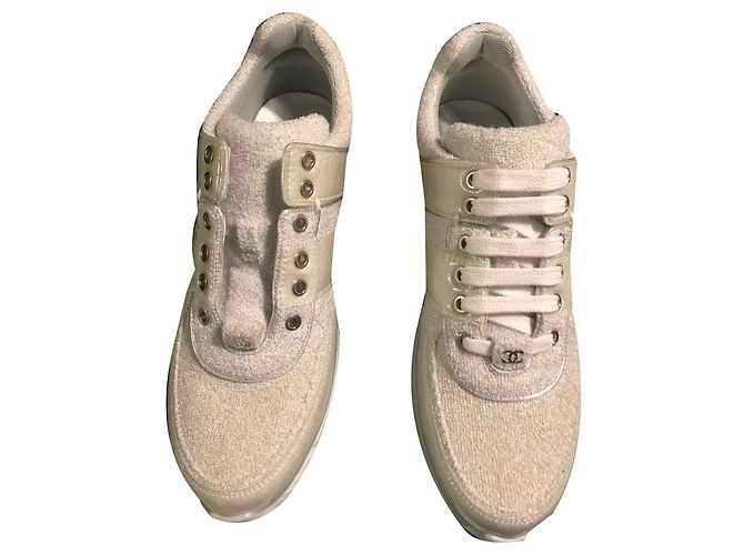 Sneackers Chanel blanc / bleu gris cuir et tweed Blanc cassé