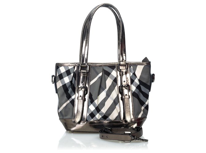 Burberry Gray Beat Check Canvas Lowry Satchel Black Grey Leather Cloth Cloth  ref.119531