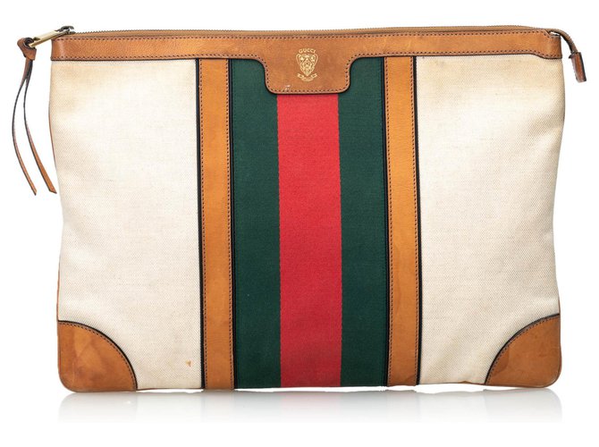 Gucci White Web Canvas Portfolio - Handtasche Weiß Mehrfarben Leder Leinwand Tuch  ref.119536