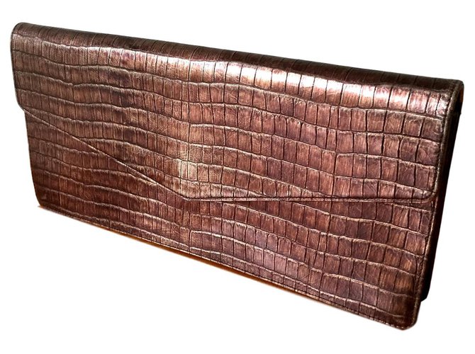 Pochette Yves Saint Laurent Cuir Aspect Croco Marron Métallisé 