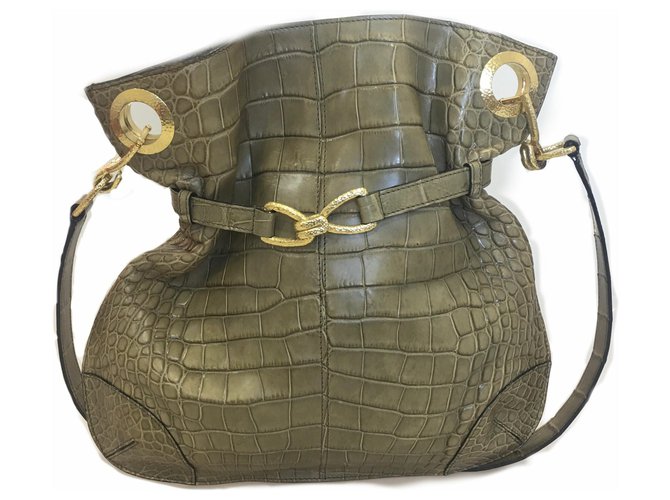 Roberto Cavalli Metallic Gold Crocodile Embossed Leather Bag