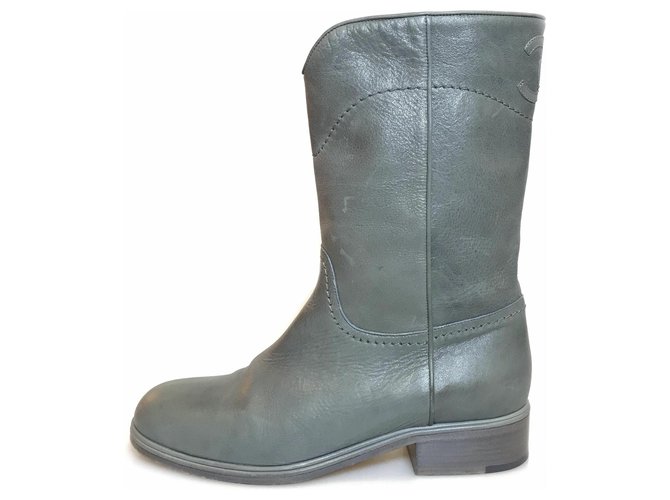 Chanel Gray Leather Ankle Boots Grey  ref.120066