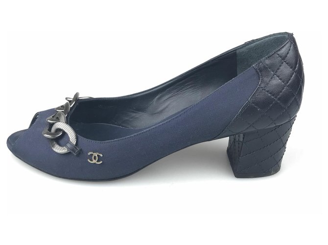 Chanel Blue Canvas Peep-Toe Pumps Black Dark blue Leather Cloth Cloth  ref.120254