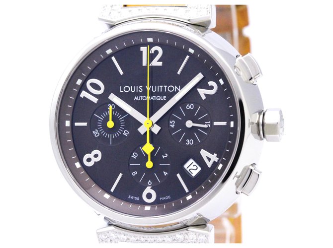 Louis Vuitton Prata Aço Inoxidável Tambour Automatic Watch Q112g Amarelo Mostarda Couro Metal  ref.120390