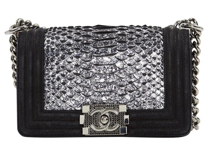 CHANEL BOY PYTHON RARO! Nero Argento Pelli esotiche Pitone