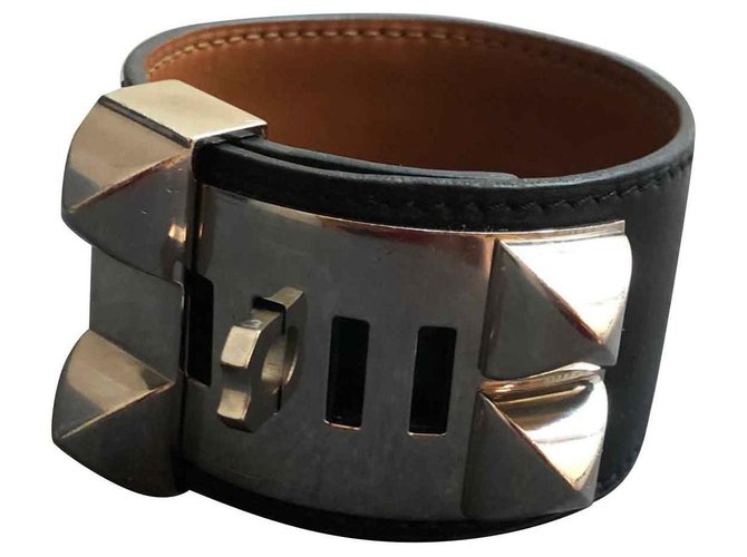 Hermès Hundehalsband-Armband Schwarz Leder  ref.120451