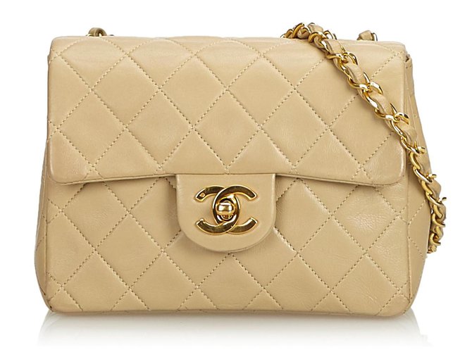Timeless Chanel Brown Classic Mini Quadrado De Couro De Pele De Cordeiro Único Flap Bag Marrom Bege  ref.120545