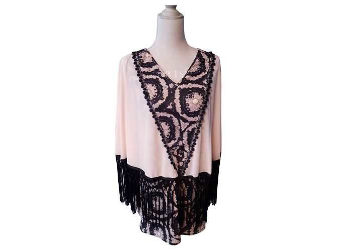 Autre Marque Valeria Derbais Kleid Beige und Schwarz mit Fransen