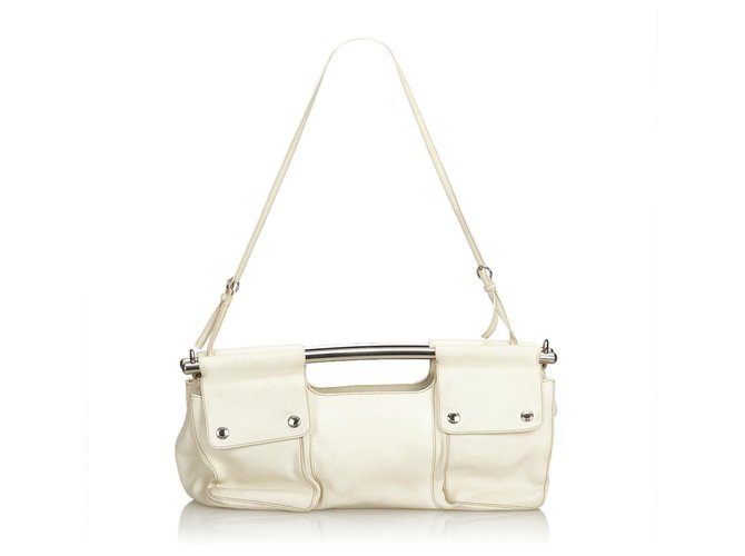 Prada White Leather Bar Shoulder Bag Silvery Cream Metal  ref.120880