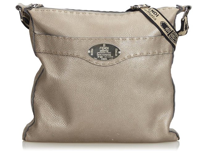 Fendi Silver Selleria Leather Crossbody Bag Silvery  ref.120896