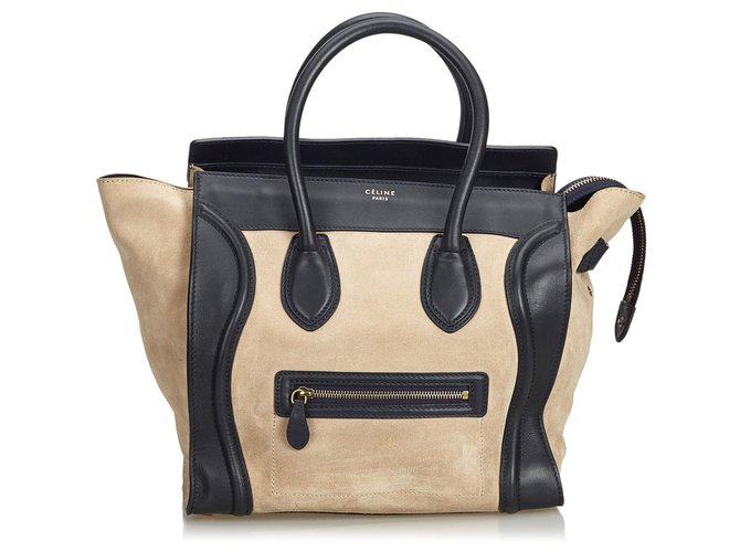 Céline Celine Brown Leather Luggage Tote Bag Black Beige Suede  ref.120931