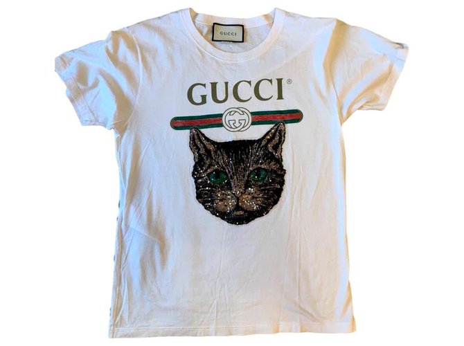 Tee shirt broderie chat mystique Gucci Coton Blanc  ref.121006