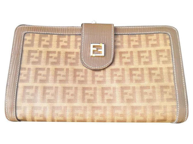 vintage Fendi wallet Taupe Leather Cloth  ref.121542
