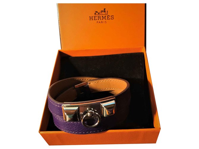 Bracelet Hermès "Rivale"en Plaqué Palladié et Cuir de Veau Swift :Violet  ref.121570