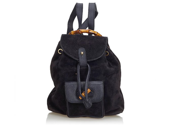 Gucci Black Bamboo Suede Drawstring Backpack Leather  ref.121716