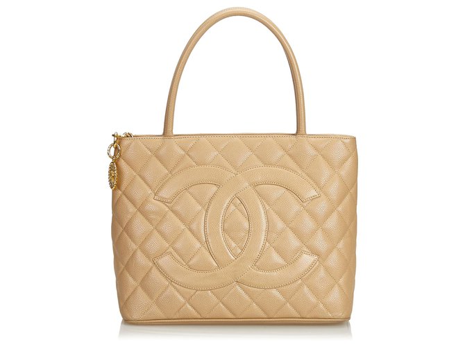 Chanel Brown Caviar Medallion Tote Beige Leather  ref.121735