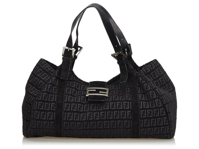 Fendi Black Zucchino Jacquard Shoulder Bag Nero Pelle Panno  ref.121783
