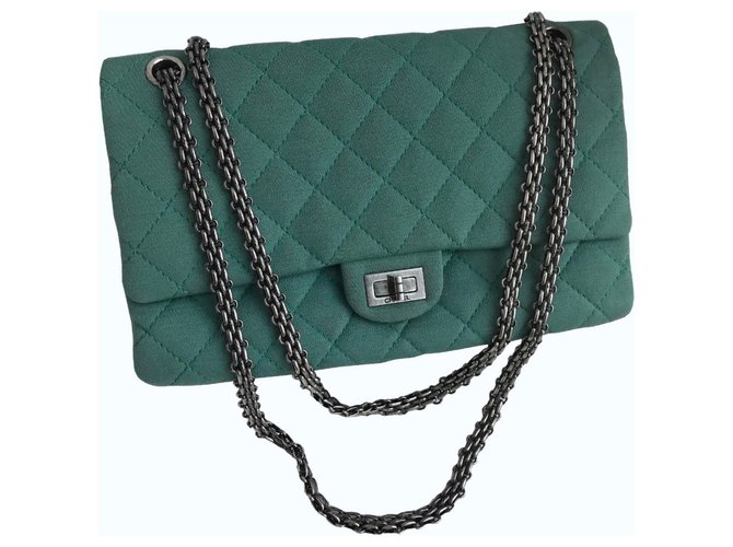 Chanel 2.55 Reedição 28 cm grande saco de aba 226 Verde Verde claro Turquesa Couro Lona  ref.121832