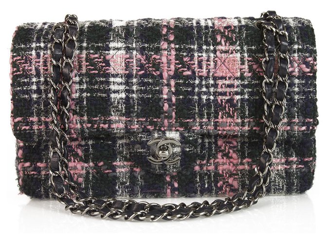 Timeless Chanel-Klassiker 255 Tweed Grey Cream Pink gefütterte Flap Bag Medium Shoulder-Handtasche Mehrfarben  ref.121848