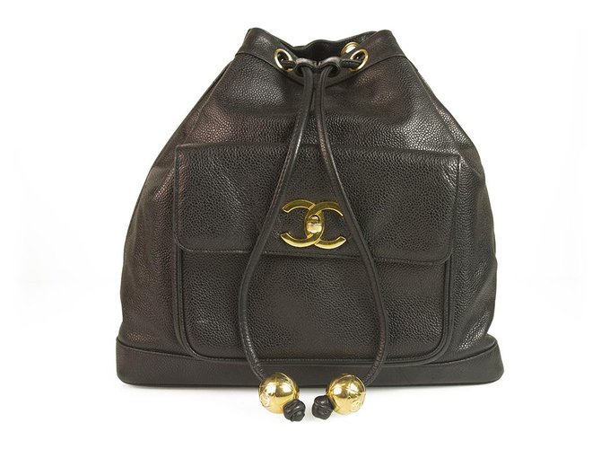 Chanel CC Black Caviar Leather Large Vintage Drawstring Backpack front pocket  ref.121849
