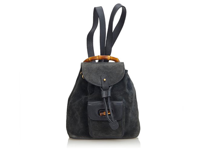 Gucci Black Bamboo Suede Drawstring Backpack Leather  ref.122006