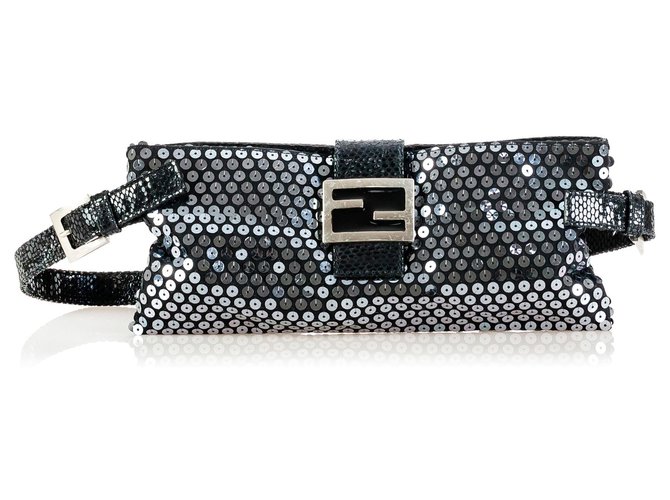 Fendi bolso con cinturón de lentejuelas negro Plata Nylon Paño  ref.122074