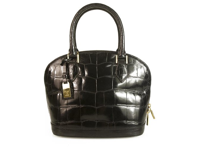 Louis Vuitton Alma BB mini shoulder bag black shinny crocodile