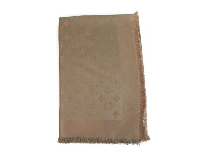 Louis Vuitton monogram marrone chiaro cappuccino Sciarpa tono su tono intrecciata in lana di seta jacquard M75872  ref.122115
