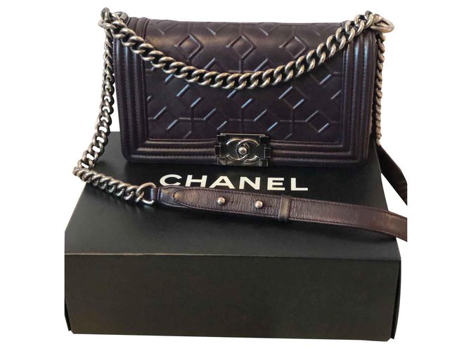 Chanel Boy Black Purple Leather  ref.122148