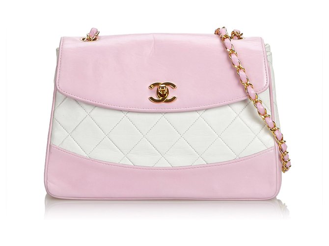 Chanel Pink Matelasse Lambskin Chain Crossbody Bag White Leather