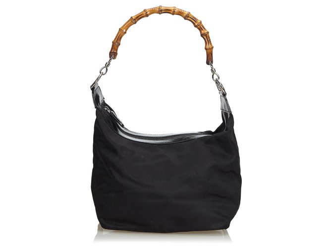 Gucci Black Bamboo Nylon Handbag Leather Cloth  ref.122274