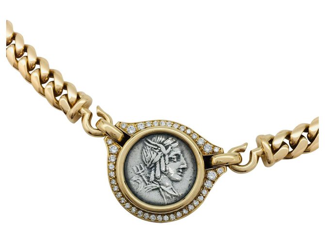 Bulgari-Halskette, "Monete" in Gelbgold, antikes Stück, Diamanten. Gelbes Gold  ref.122306