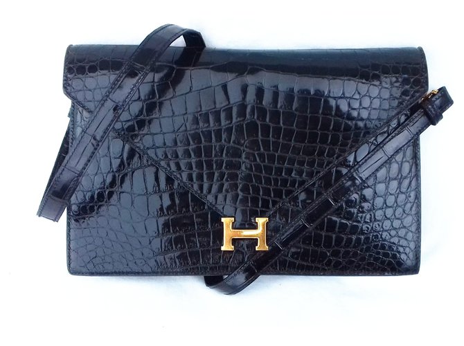 Hermès Sac à main Lydie Crocodile Noir from SPA New Strap Black Exotic leather  ref.122315