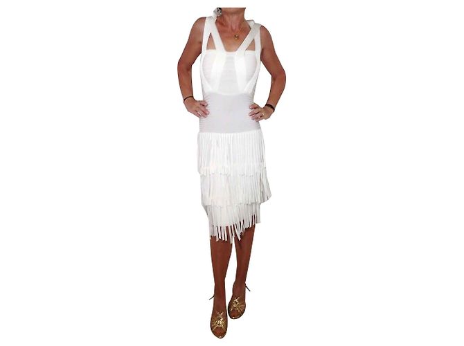 Herve Leger Vestido Charleston Eggshell em Rayon Fora de branco