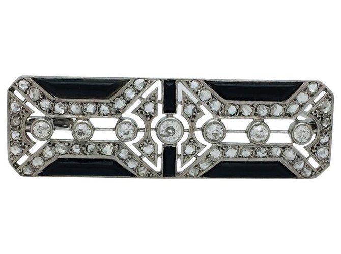 Autre Marque Platinum Art Deco Brooch, diamonds and onyx.  ref.122555