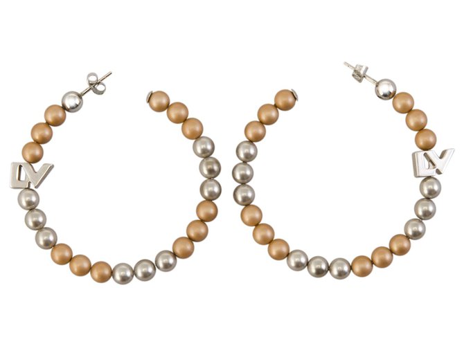 Louis Vuitton plata pendientes de aro de perlas de imitación metálicos Dorado Metal  ref.122923