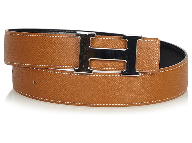 Hermès Hermes Brown Constance Belt Silvery Leather Metal  ref.123075