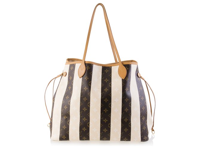 Louis Vuitton Brown Monogram Rayures Neverfull GM White Leather Cloth  ref.123098