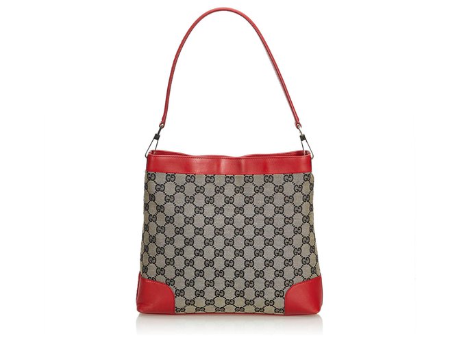 Gucci Gray GG Jacquard Shoulder Bag Red Grey Leather Cloth  ref.123114