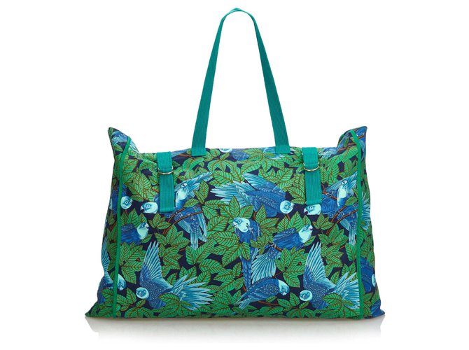 Hermès Hermes Green Printed Canvas Tote Blue Light green Turquoise Cloth Cloth  ref.123119