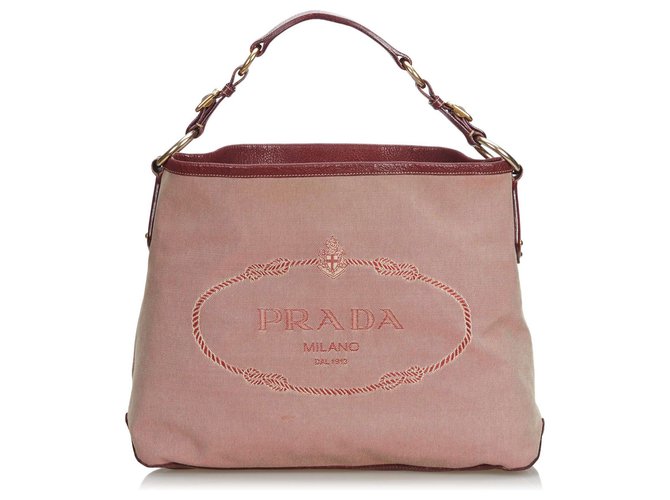 Prada Rouge Canapa Jacquard Logo Sac à main Cuir Tissu Blanc  ref.123128